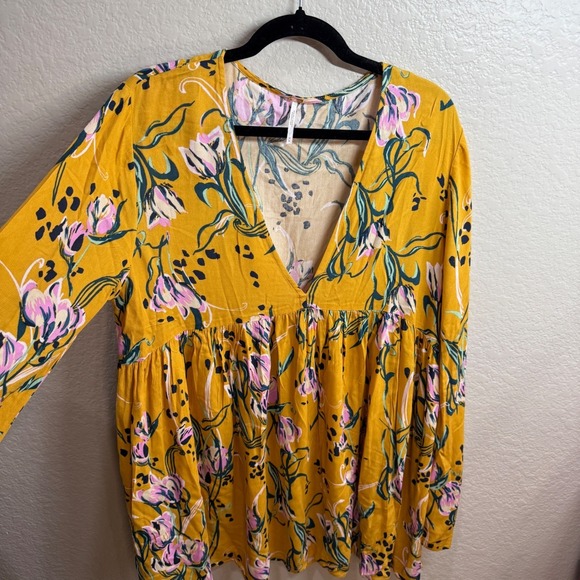 Free People Womens M Yellow Floral Print V Neck Babydoll Mini Dress Long Sleeve - Picture 3 of 10